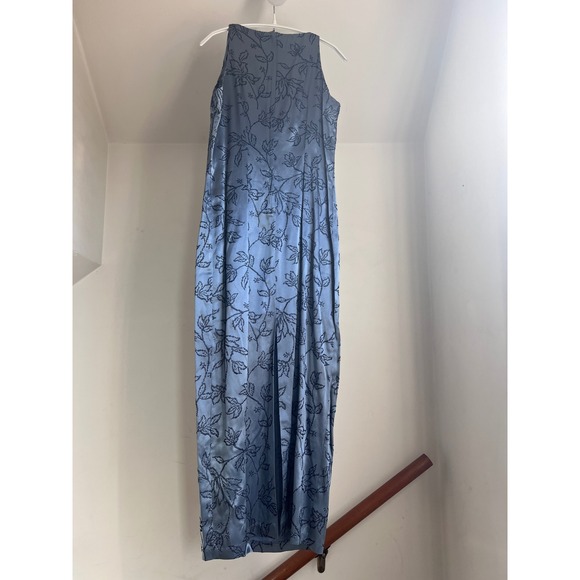 Vintage 90s Maxi Dress Velvet Flocked Floral High Neck Satin Formal Gown Gray - Picture 9 of 11